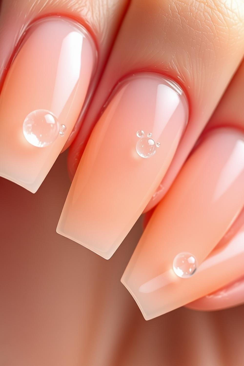 3D clear gel jelly bubble nail art designs on soft peach coffin nails.