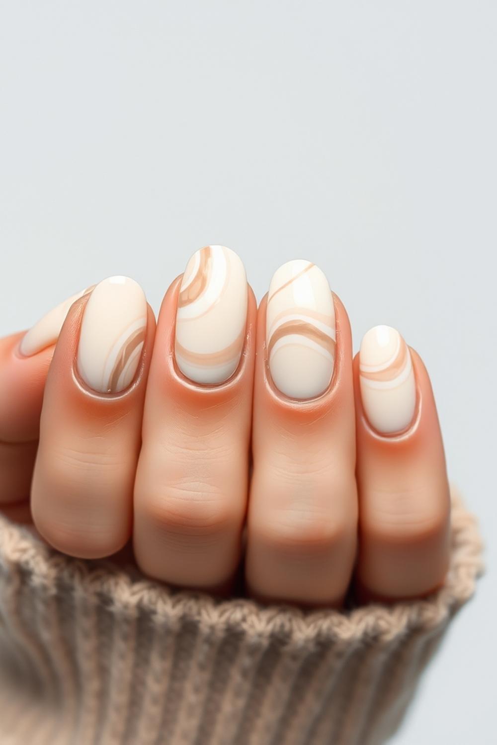 Abstract taupe swirl nail art design with soft fluid neutral lines.