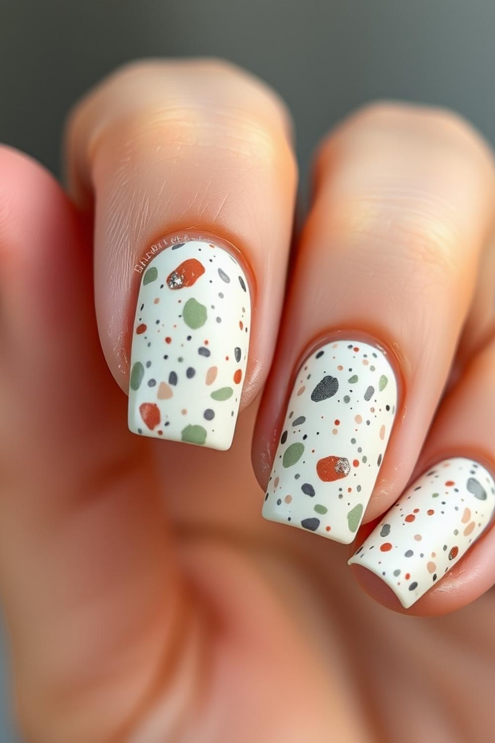Matte terrazzo stone pattern nail art on short square nails.