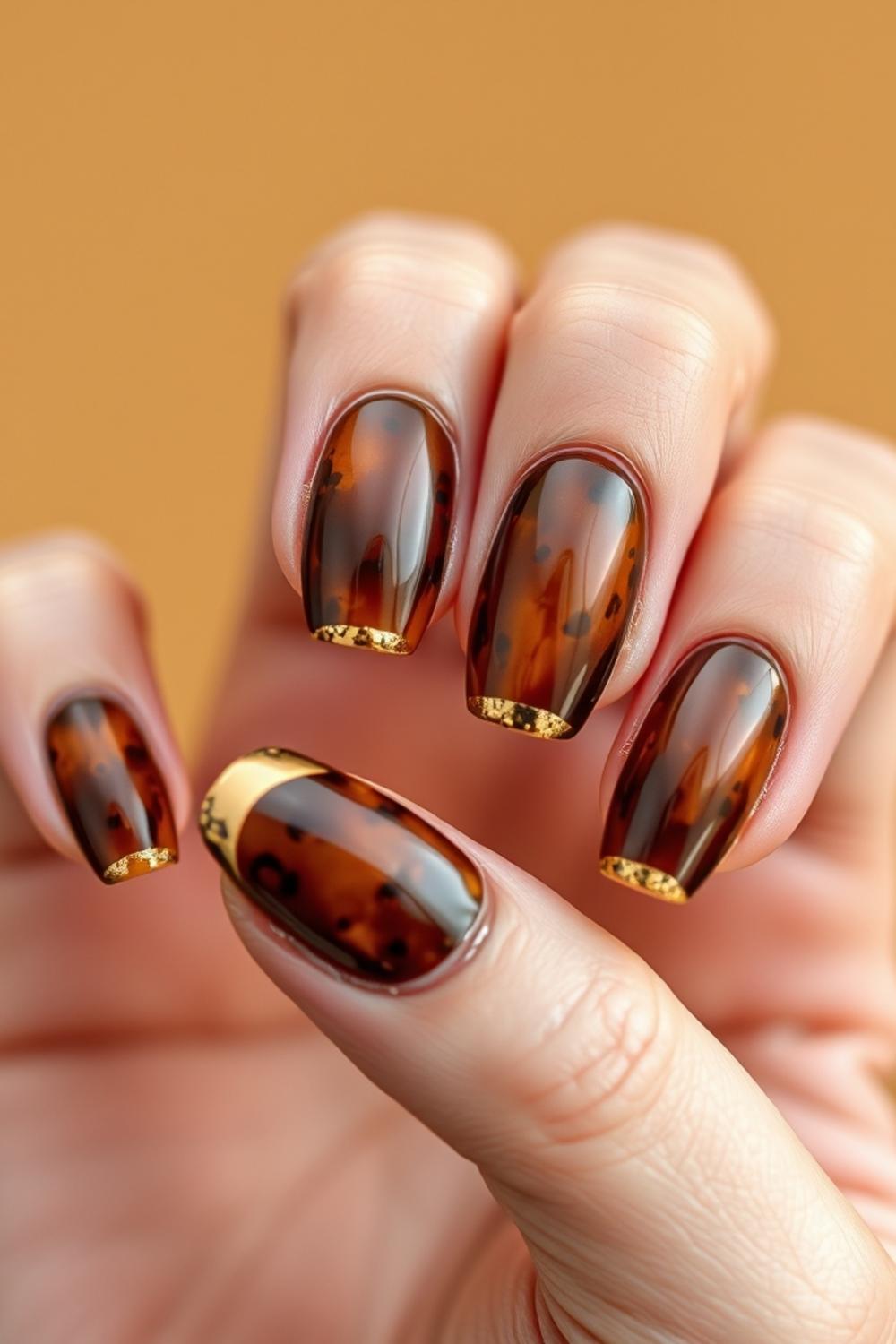 Glazed amber tortoiseshell nail art with rich caramel tones on oval nails.