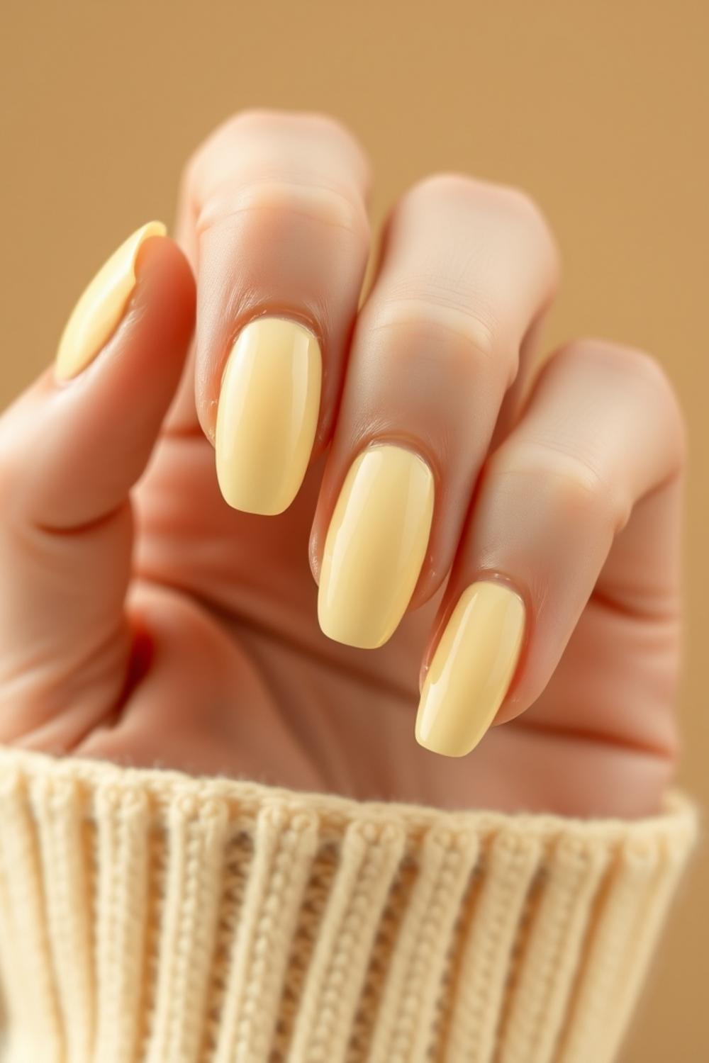 Soft butter yellow shiny manicured short nails