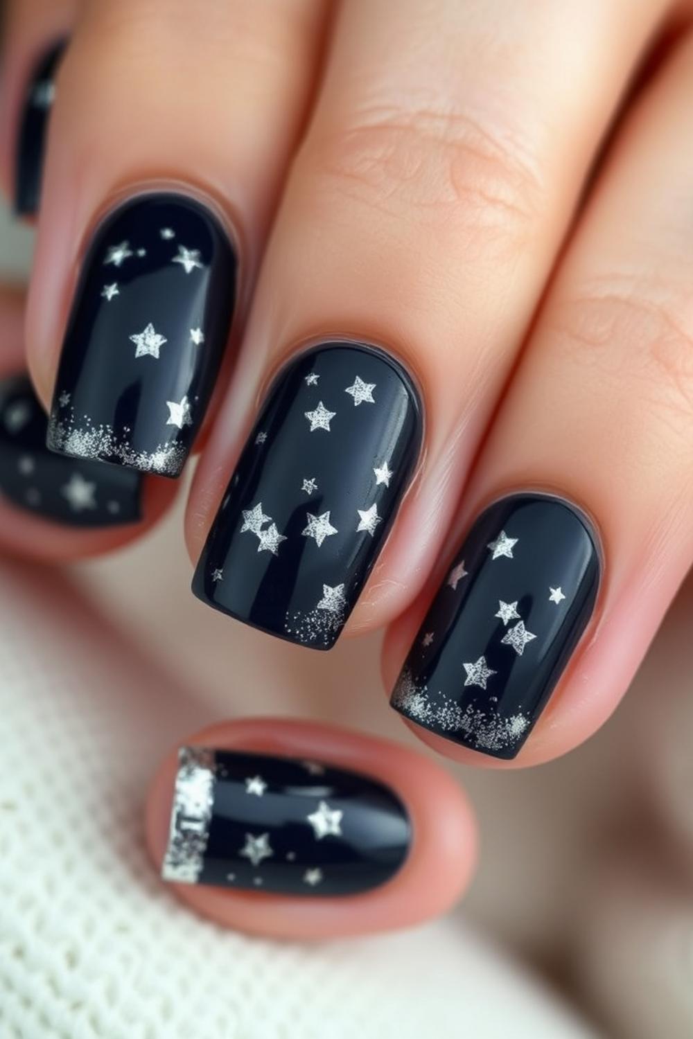 Midnight blue nails with celestial silver stars and constellation art.