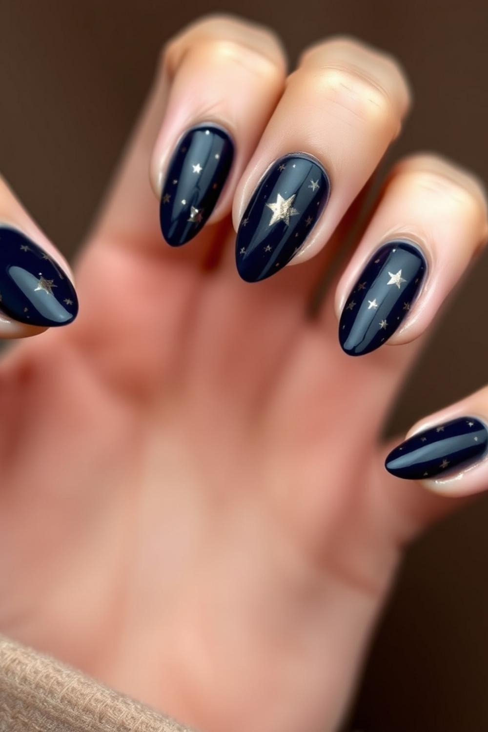 Celestial starry night nail design with fine gold stars on navy blue polish.
