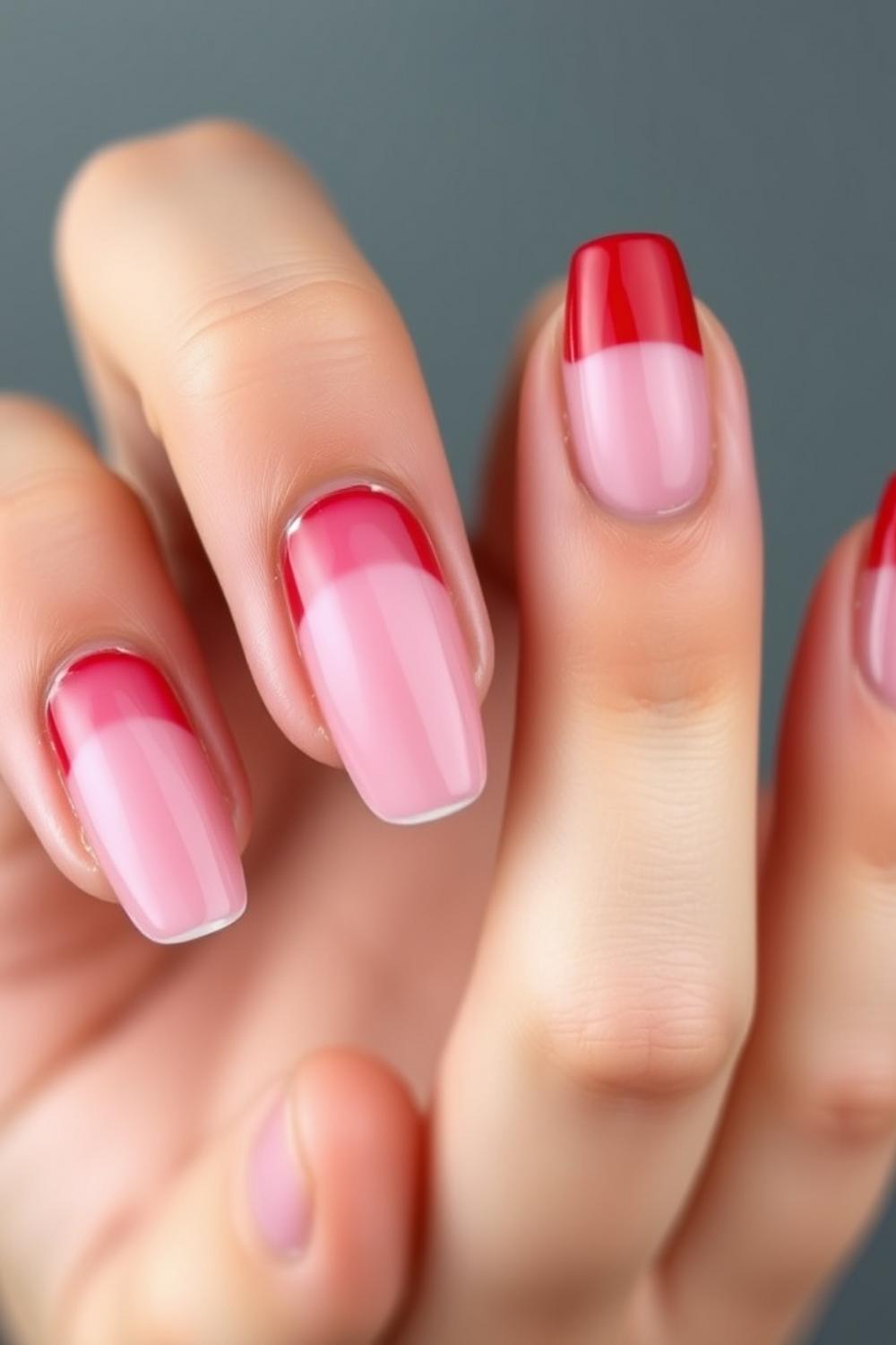Cherry red glazed French tip manicure on almond shape nails.