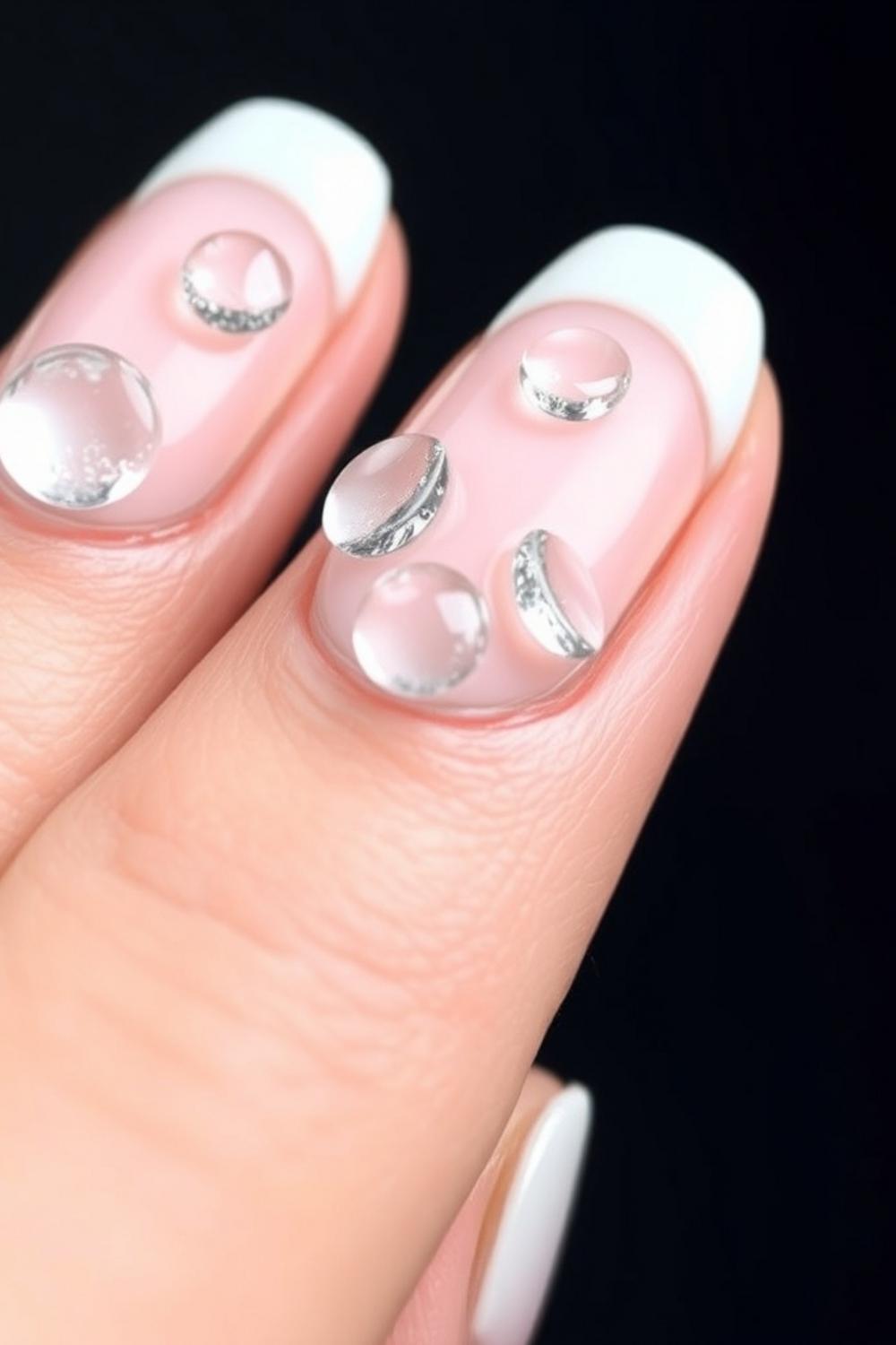 Clear 3D water drop dew accents on translucent milky gel nails.