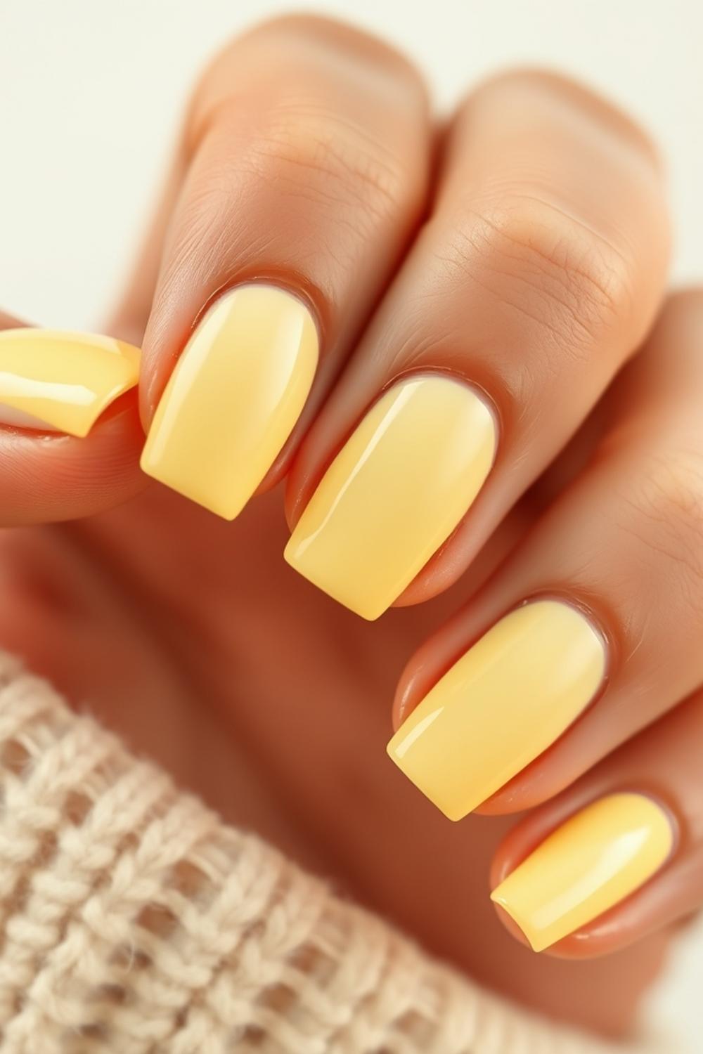 Butter yellow pastel cream manicure on short square nails.