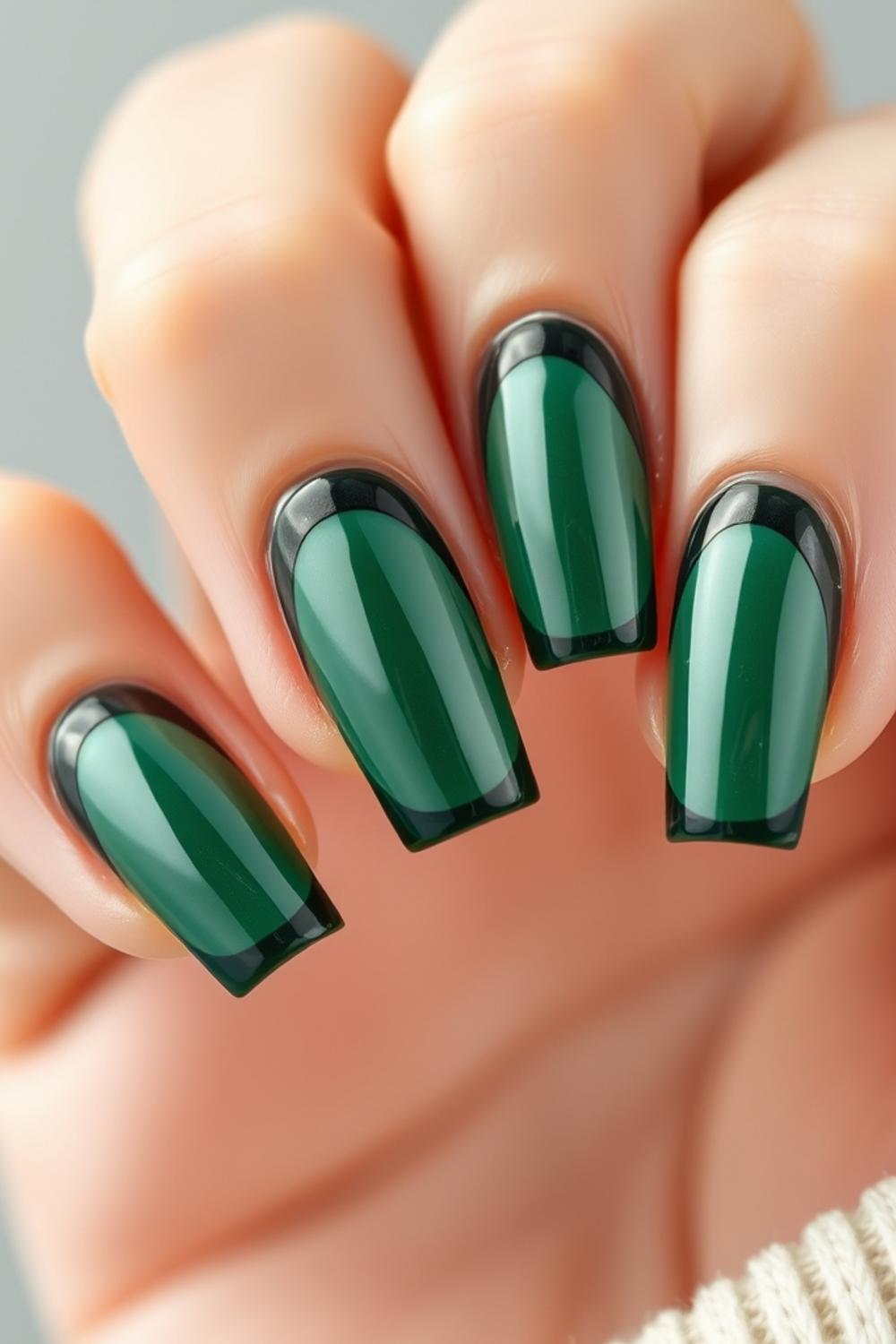Emerald green negative space arch design on long almond nails.