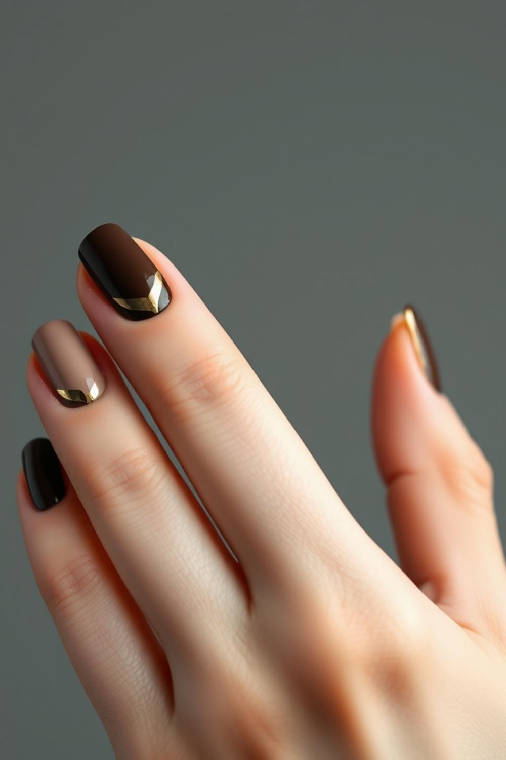 Espresso brown swirl art manicured nails