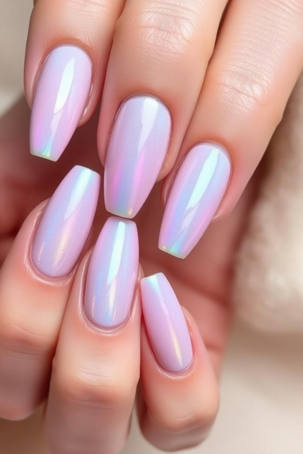 Iridescent pearl chrome nail design on long almond pink nails.