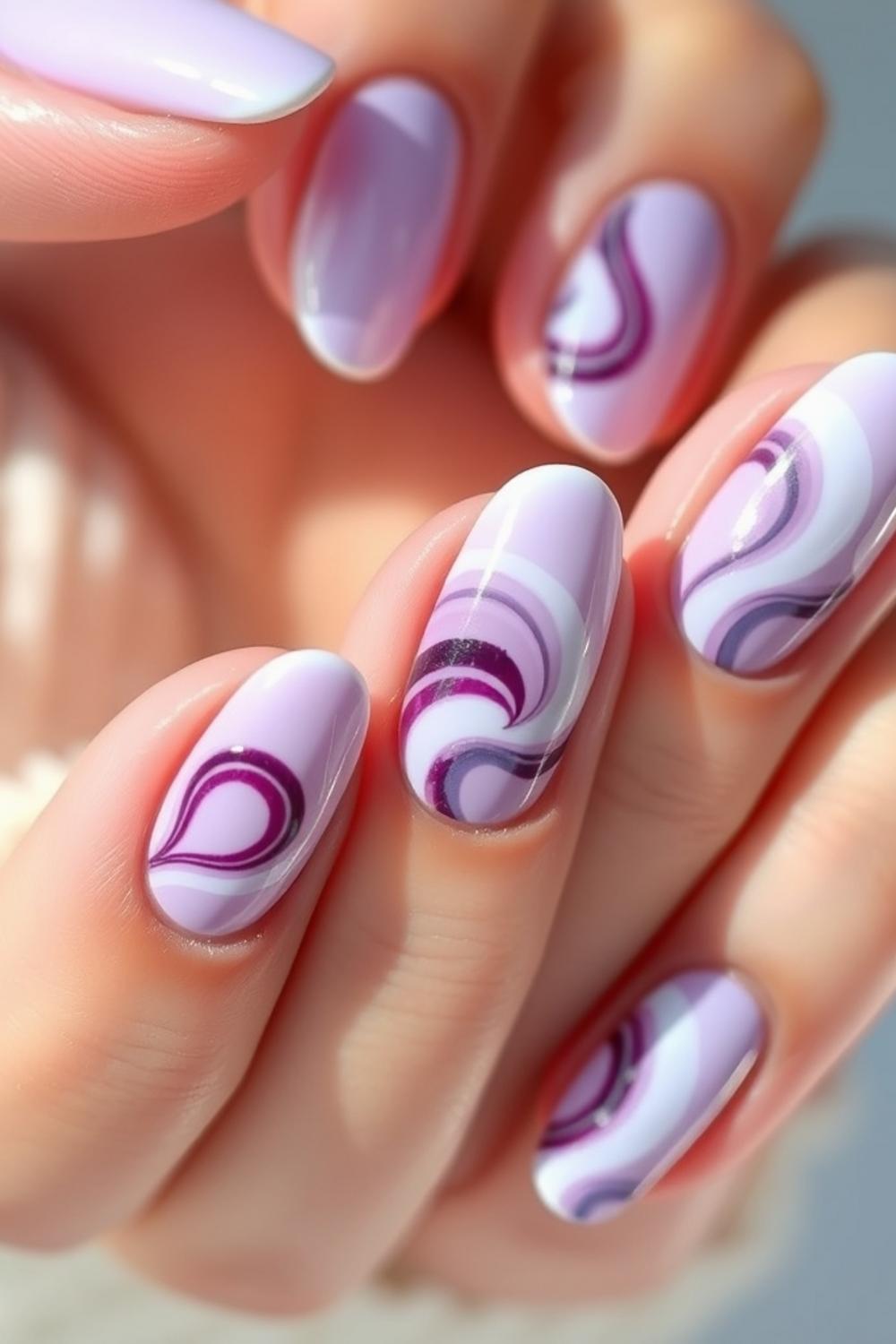 Lavender and plum abstract floating swirl nail art.