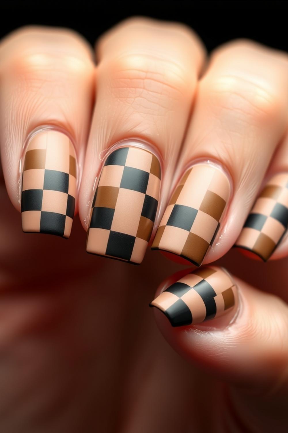 Matte and glossy black and taupe checkerboard nail art designs on short square nails.