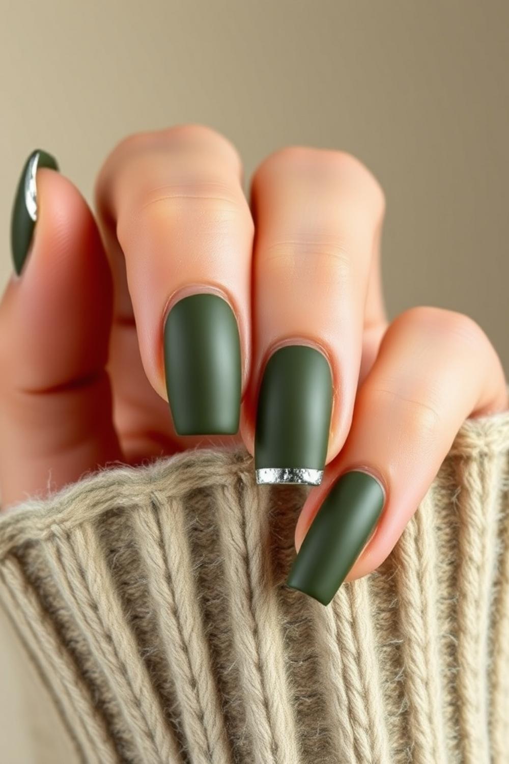 Matte olive green nail design with contrasting glossy tip accents.