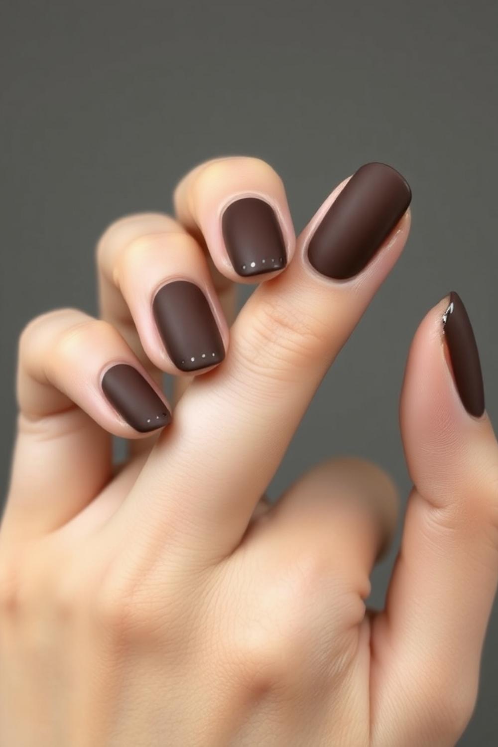 Matte mocha brown nails with subtle glossy micro-dot accents.
