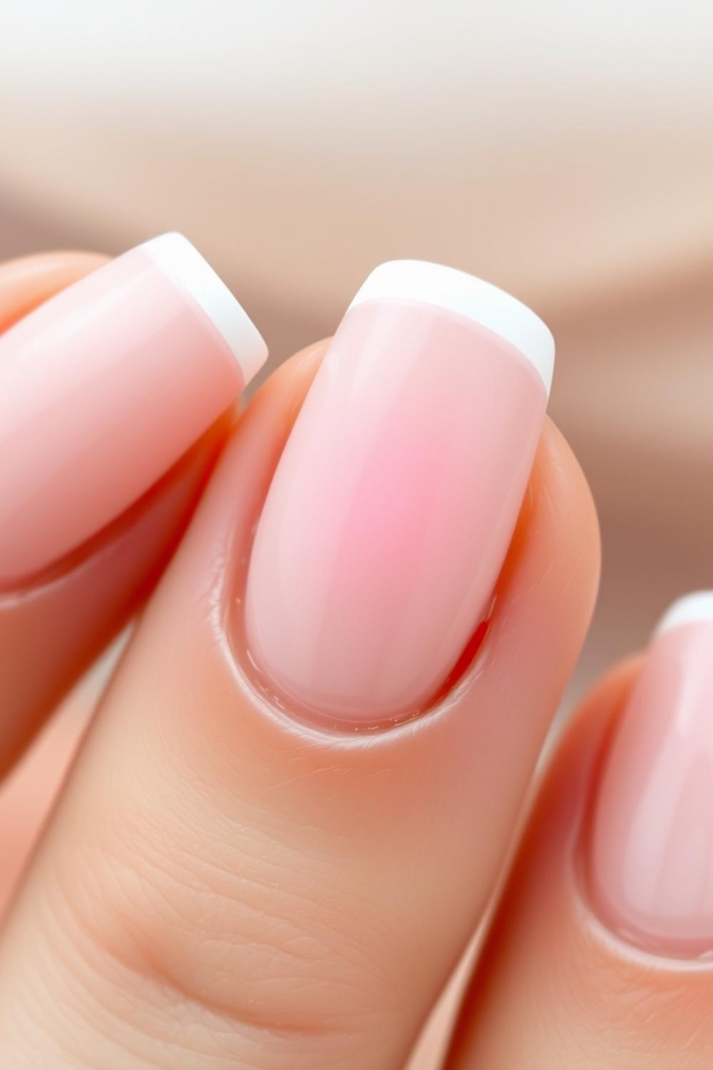 Micro French tip nail art designs with soft pink aura centers on almond nails.