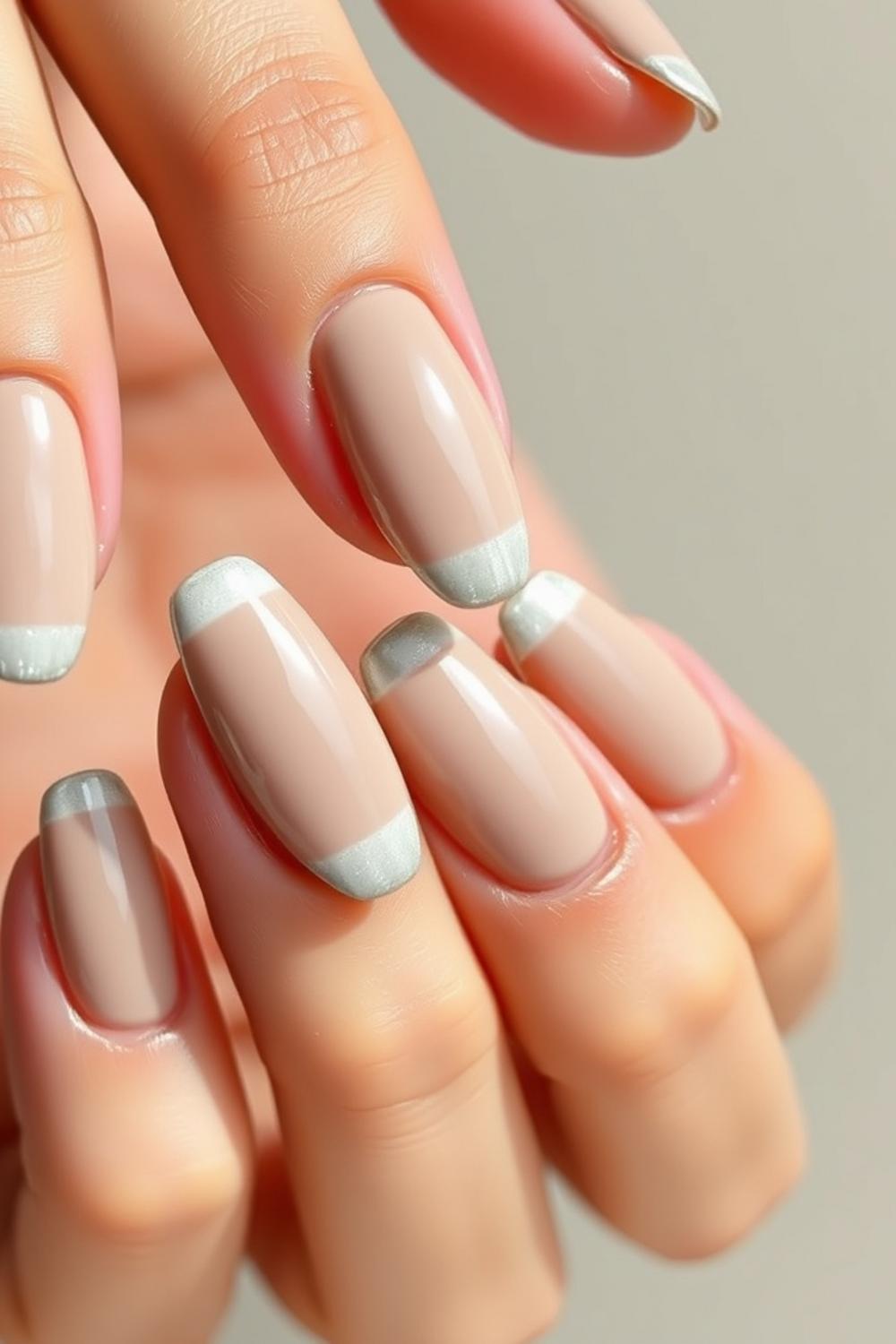 Milky nude medium almond nails featuring sleek silver chrome French tips.