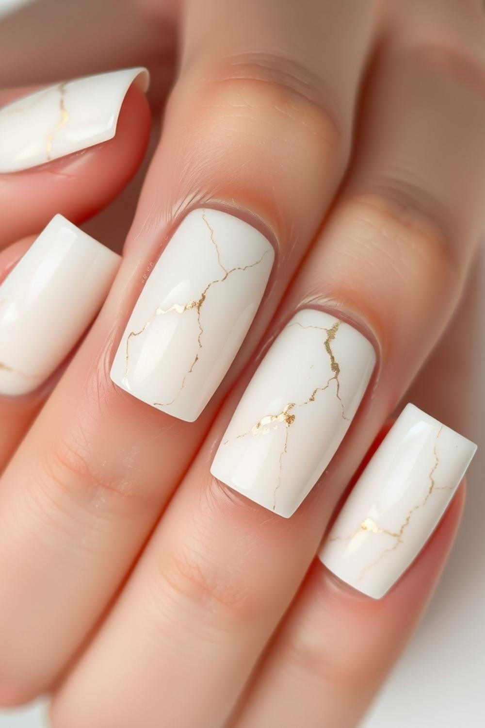 Milky quartz marble nail art with gold leaf accents.