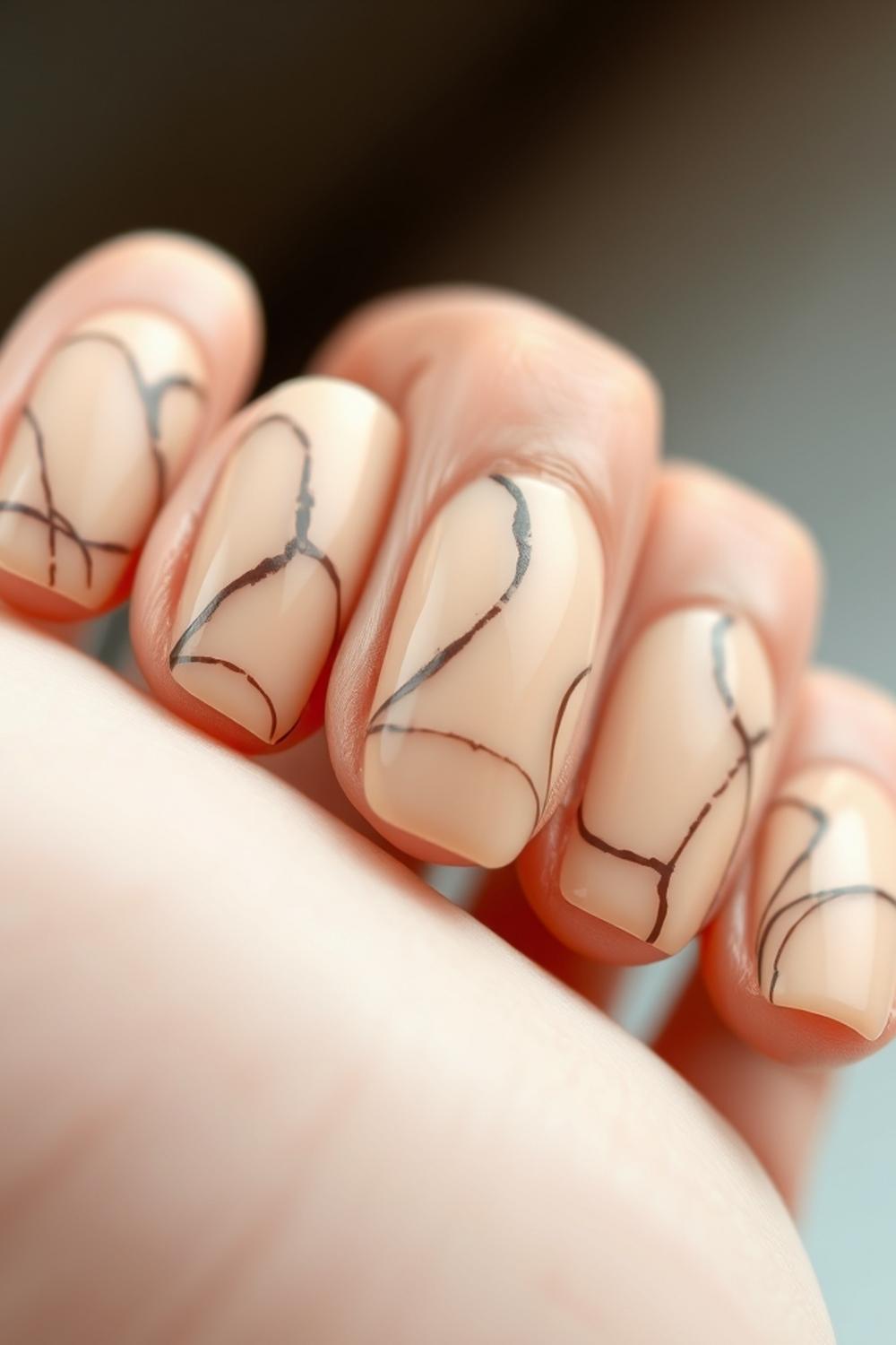 Minimalist nail art designs with chocolate brown abstract swirls over a warm beige background.