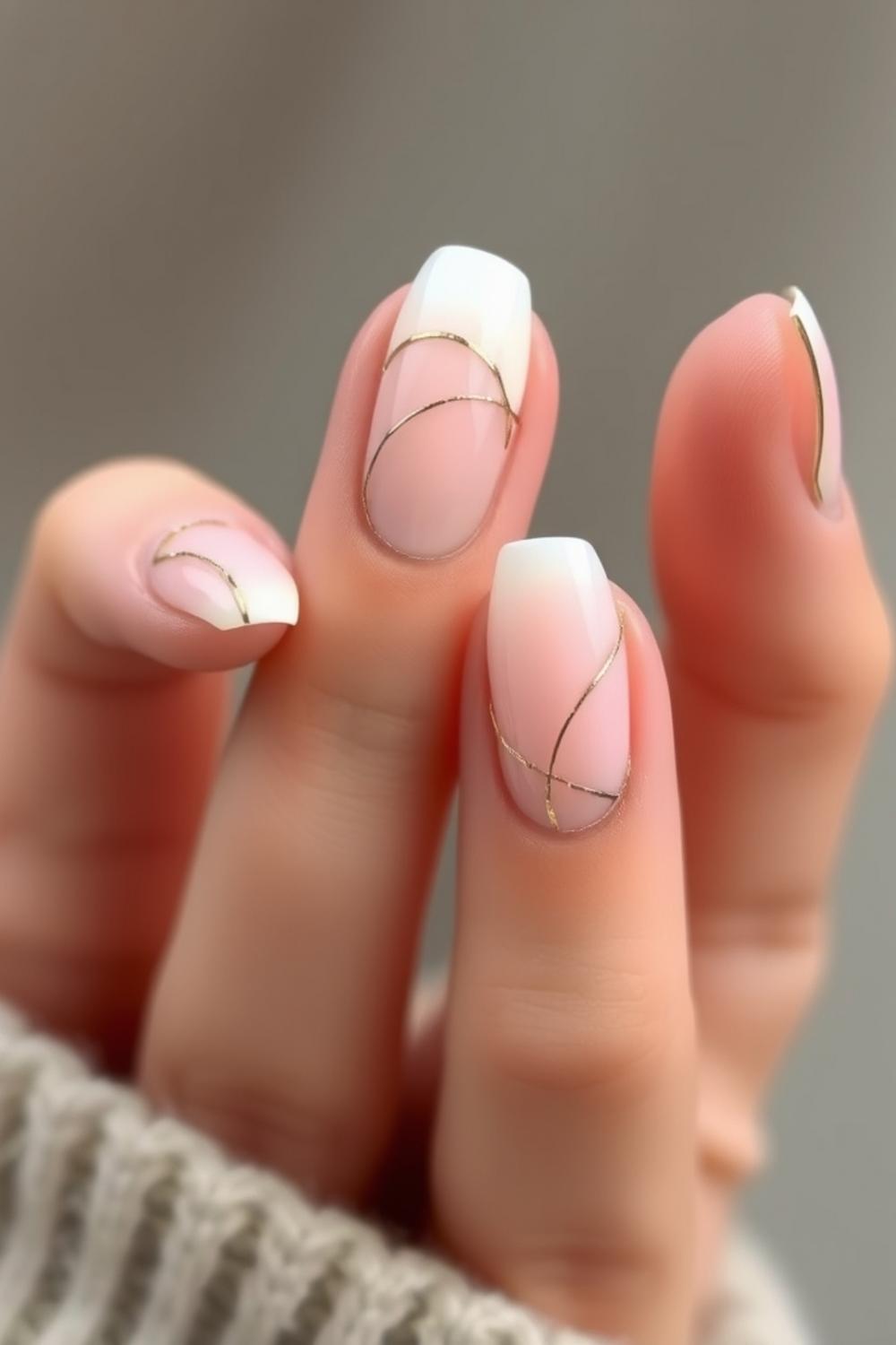 Minimalist gold foil wire line art design on sheer pink nails.