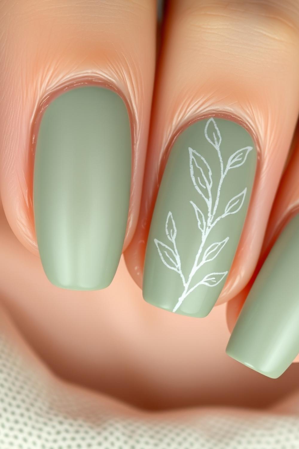 Muted sage green matte nails with delicate botanical leaf line art.