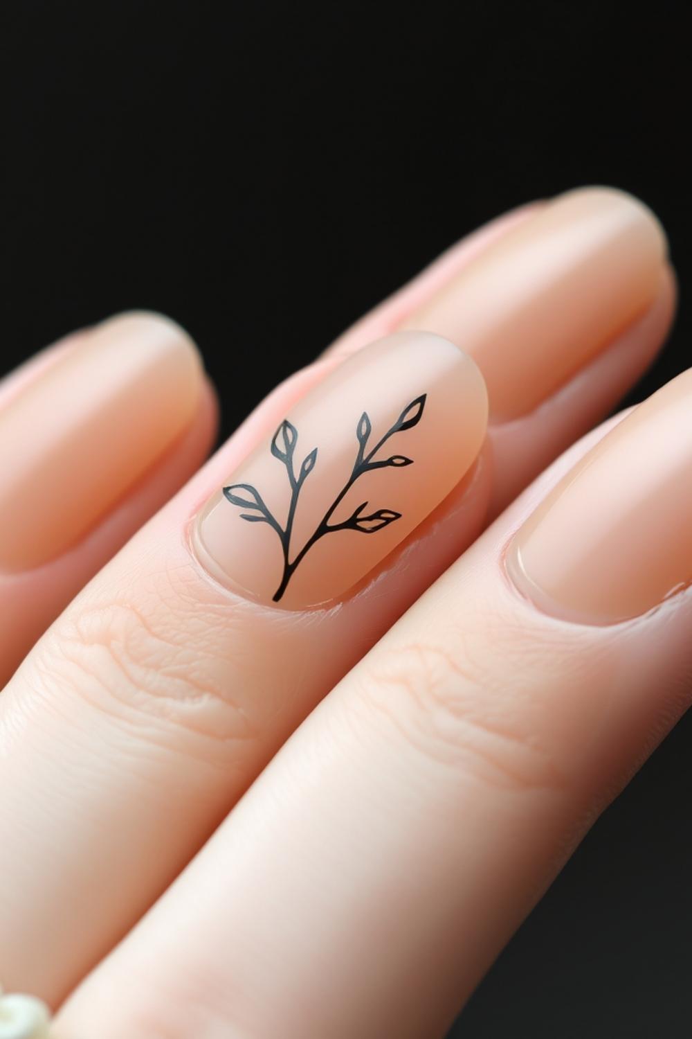 Delicate black botanical leaf line art on translucent beige negative space nail art designs.
