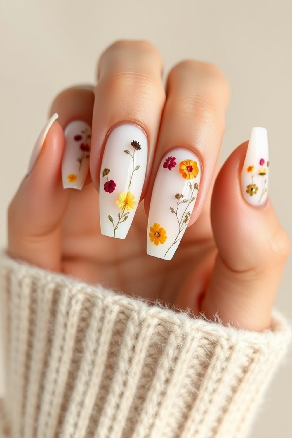 Botanical pressed flower nail design