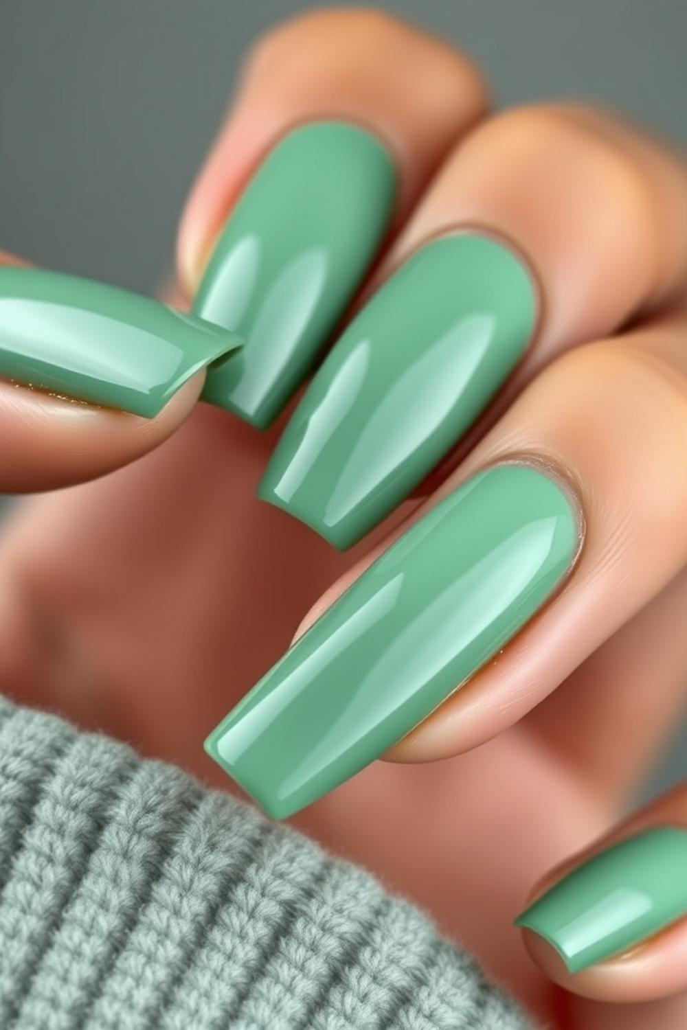 Clean girl glossy sage green short oval manicure