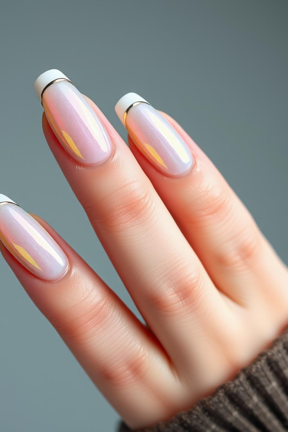 Sheer chrome pearl finish gel manicure on almond nails
