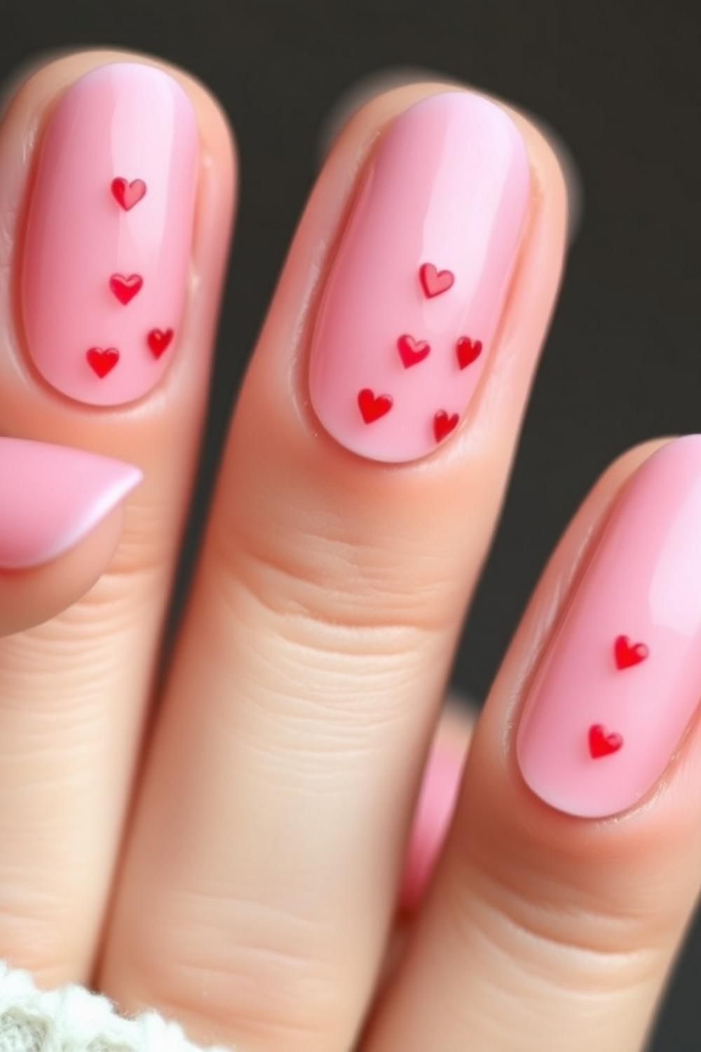 Sheer cherry pink jelly nails with subtle painted heart accents.