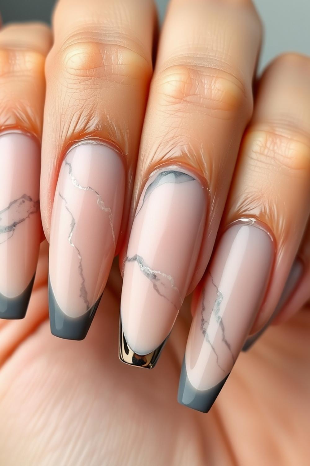 Smokey quartz grey marblevein almond nails