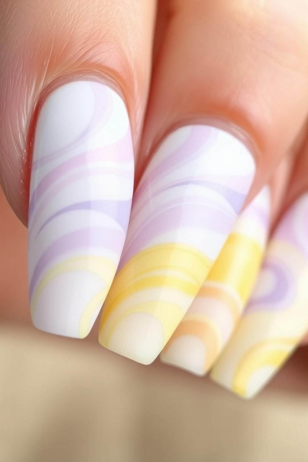 Pastel lavender and butter yellow wave nail art designs on almond nails.