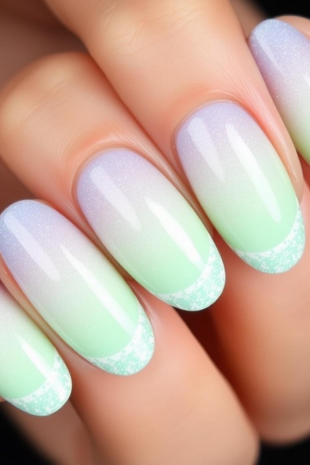 Sugared pastel lavender and mint gradient textured nail design.