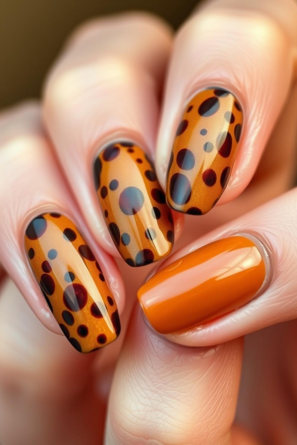 Glossy amber tortoiseshell pattern nail design on almond shape.