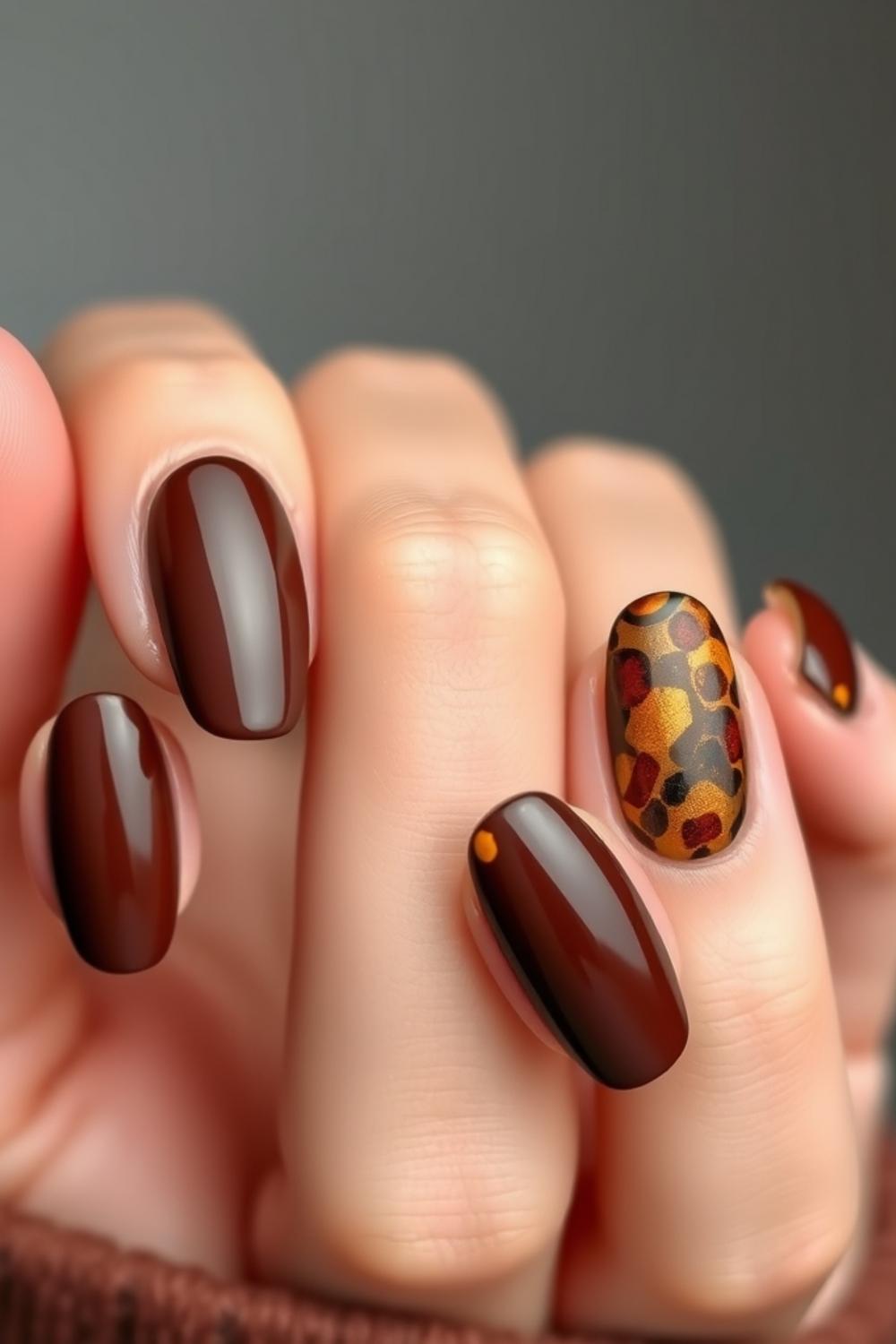 Tortoiseshell pattern accent nails paired with dark espresso brown glossy polish.