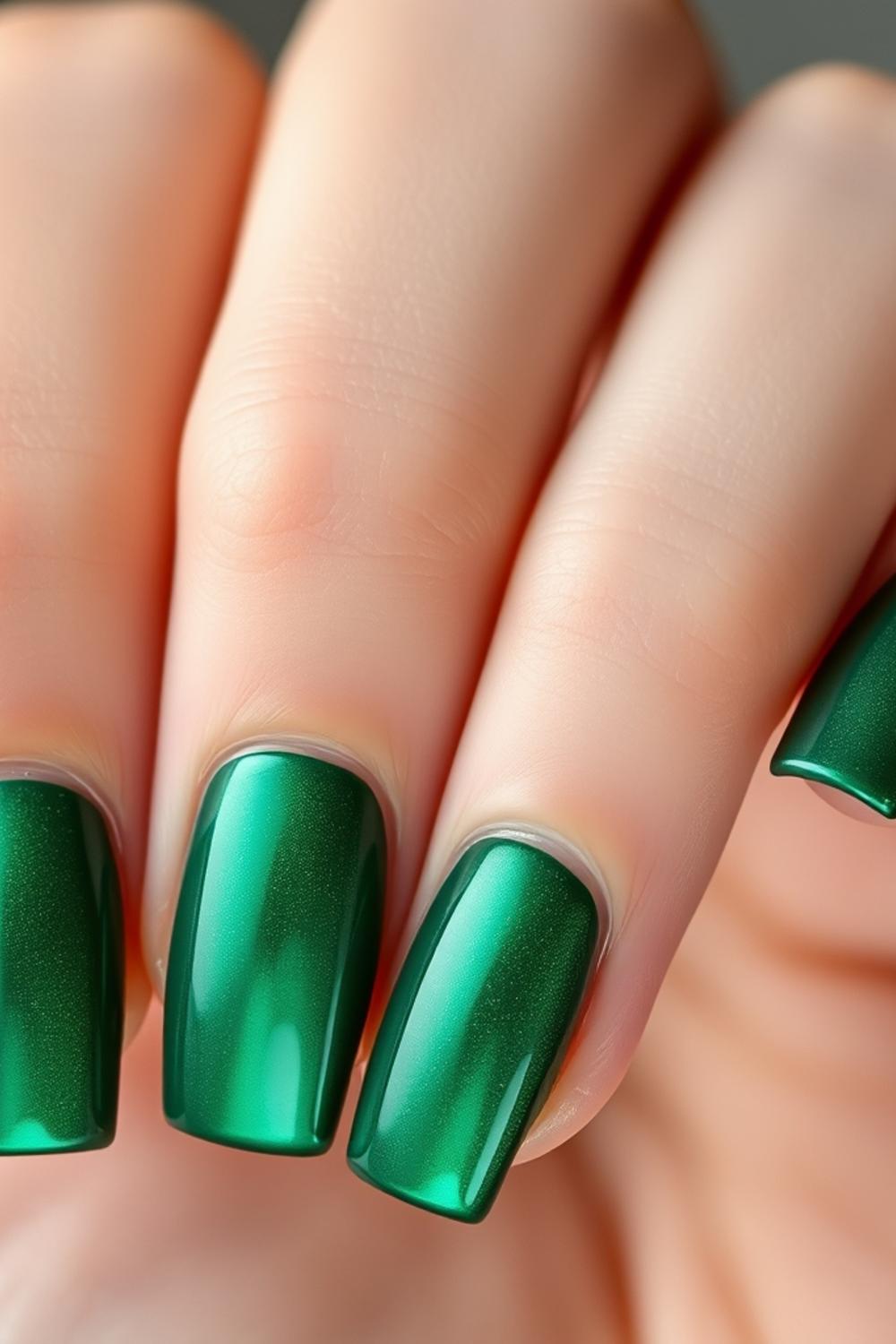 Emerald green velvet cat-eye nail art designs with magnetic reflective shimmer.